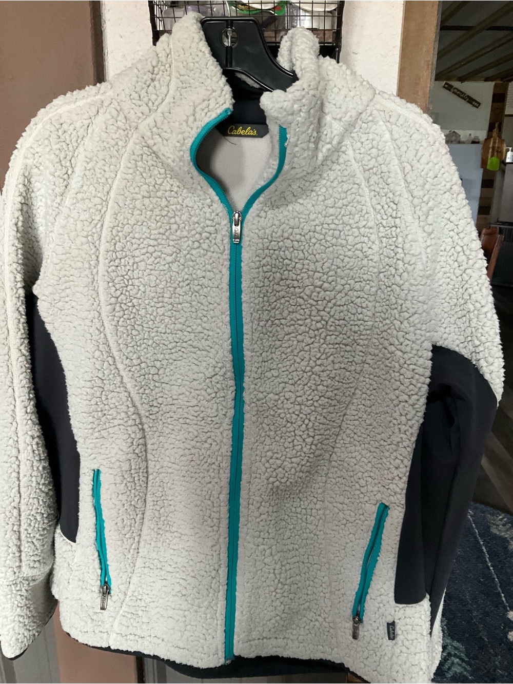 Cabela's Cream Sherpa Jacket with Teal Trim